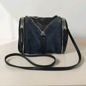 KARA‎ Double Date Pebbled Leather & Suede Crossbody Bag Black & Navy w Zippers